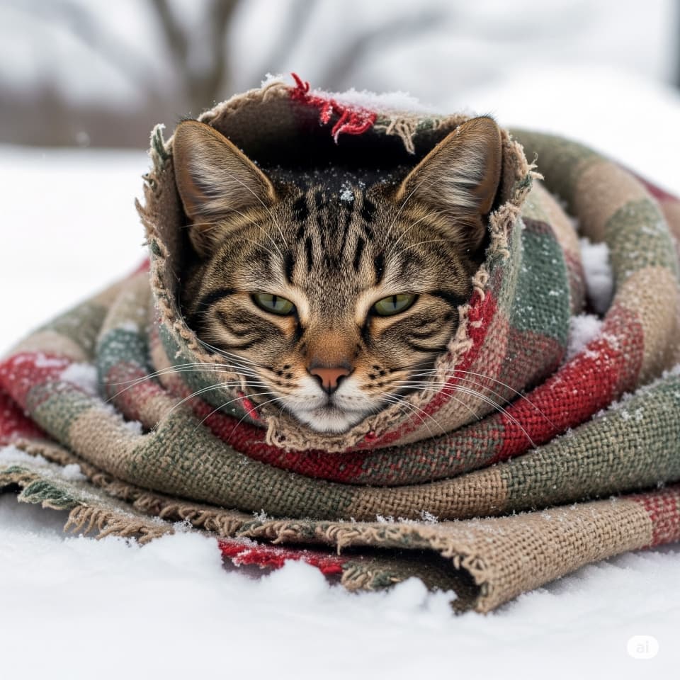 雪の中の毛布にくるまる猫