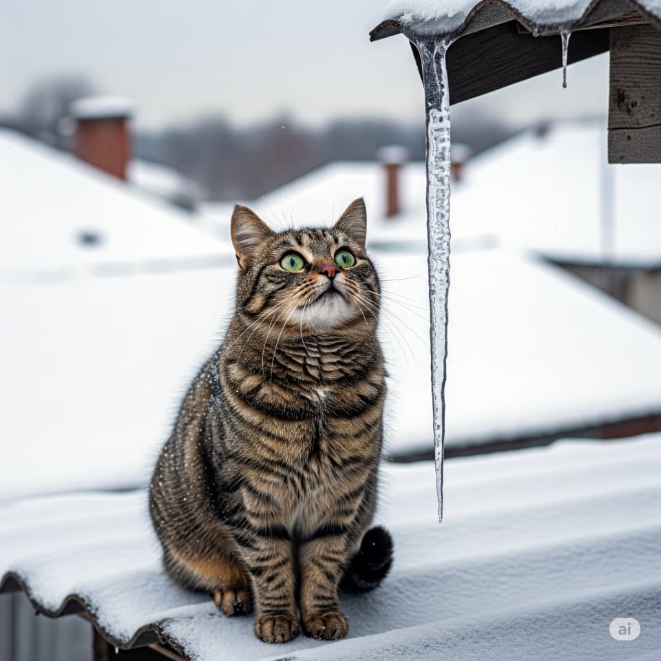 つららを見上げる猫