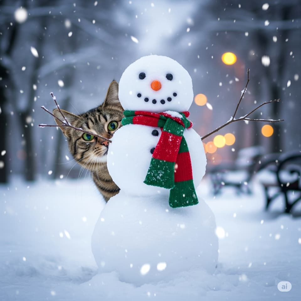 雪だるまの影に潜む猫