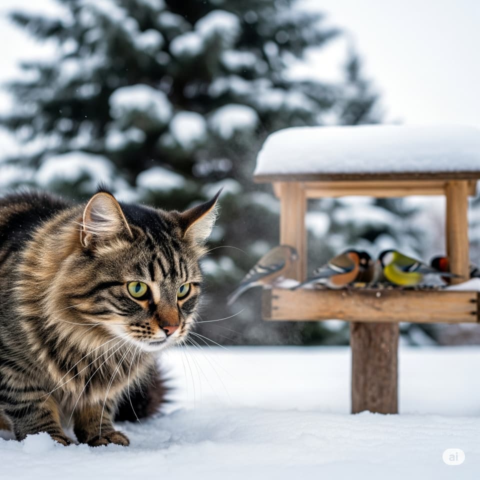 鳥の餌台を見つめる猫