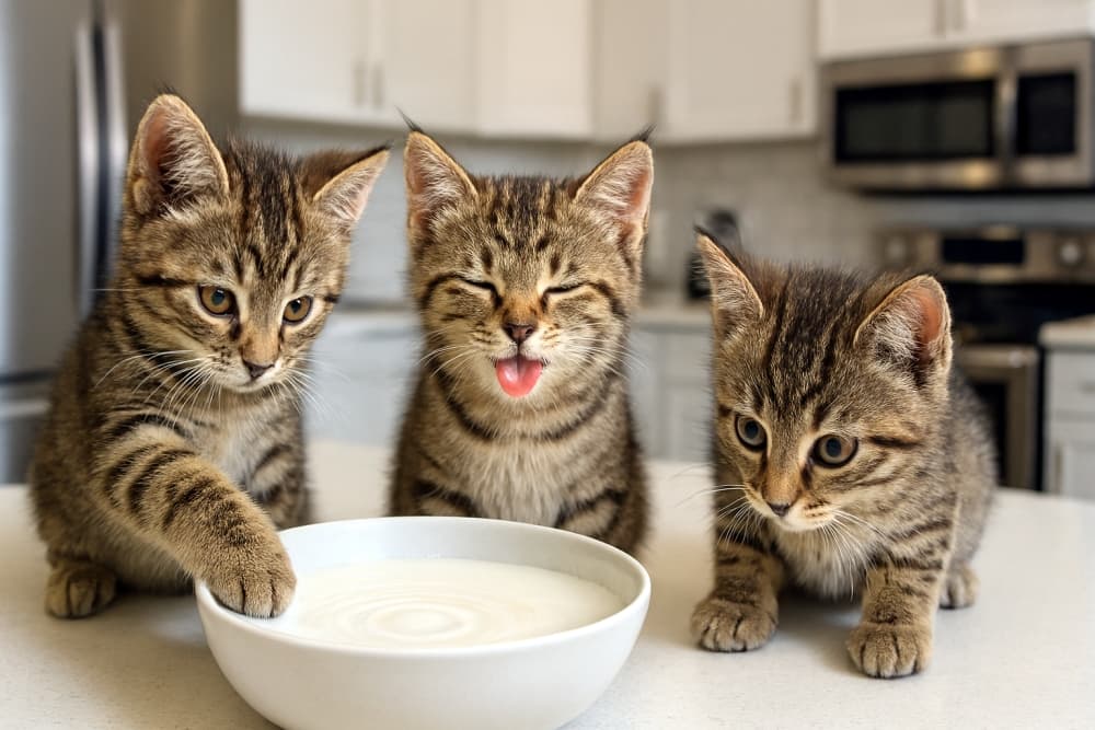 ミルク波紋に夢中!3匹の子猫のキッチン大冒険(Copilot)