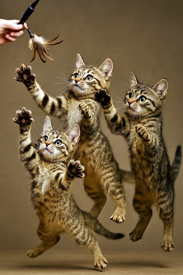 「空中キャッチ!三匹の子猫、羽根のおもちゃに夢中」 (Skybound Catch! Three Kittens Obsessed with a Feather Toy)(Copilot)
