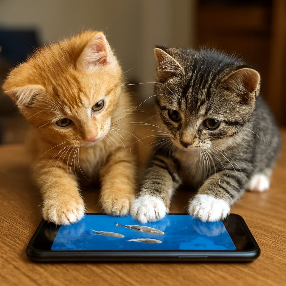 テーブルに置かれたスマートフォンで動く魚の動画に夢中になり、2匹の子猫が前足で画面を叩いている(Copilot)