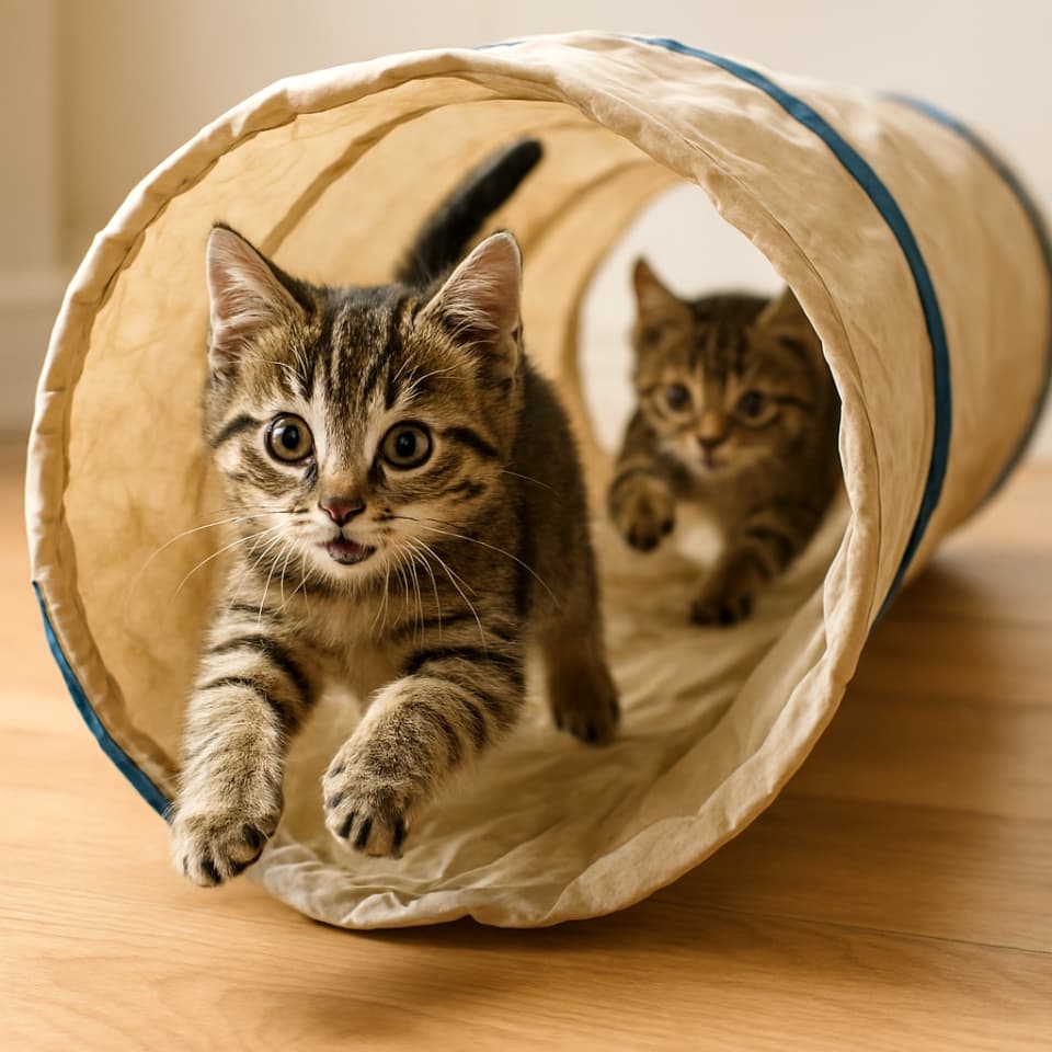 布製のプレイトンネルを猛ダッシュで駆け抜ける子猫と、出口で飛びかかろうと待ち構えるもう1匹(Copilot)