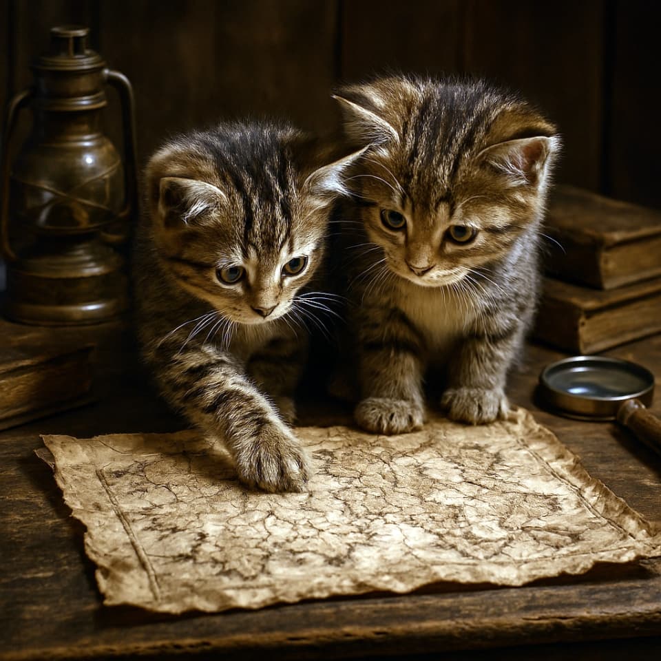 「ふたりの探検家：ねこたちの宝さがし」“Two Explorers: The Kittens’ Treasure Hunt”（Copilot）