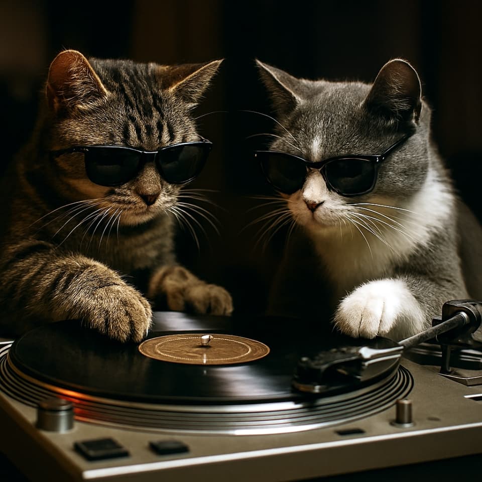 「ニャンズ・オン・ザ・ビート」Two paws, one groove. The purrfect vinyl session begins.（Copilot）