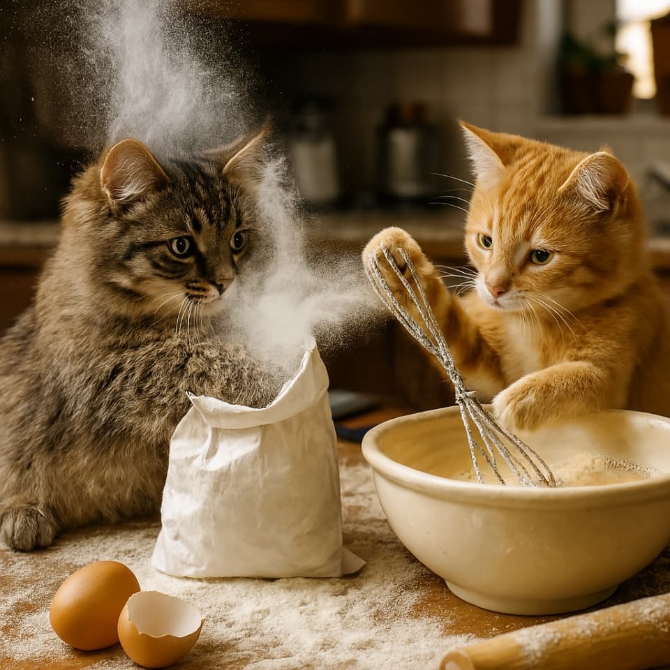 お手伝い…のつもり！？ふわふわ粉まみれキッチン大騒動！」 (Trying to help...? A fluffy flour-filled kitchen frenzy!)（Copilot）