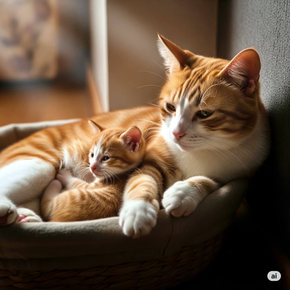 優しく見守る母猫