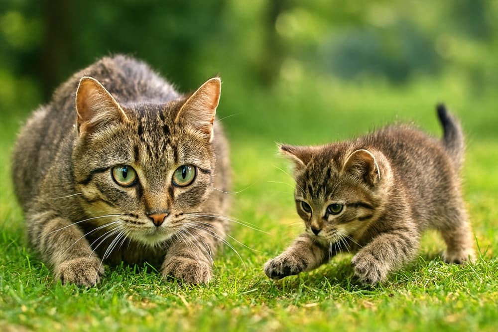 子猫に狩りごっこを教える母猫(Copilot)