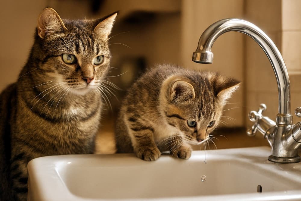 「ママの視線の先には…ぽたぽた水と小さな冒険心。」Drip by Drip: A Kitten’s First Discovery(Copilot)
