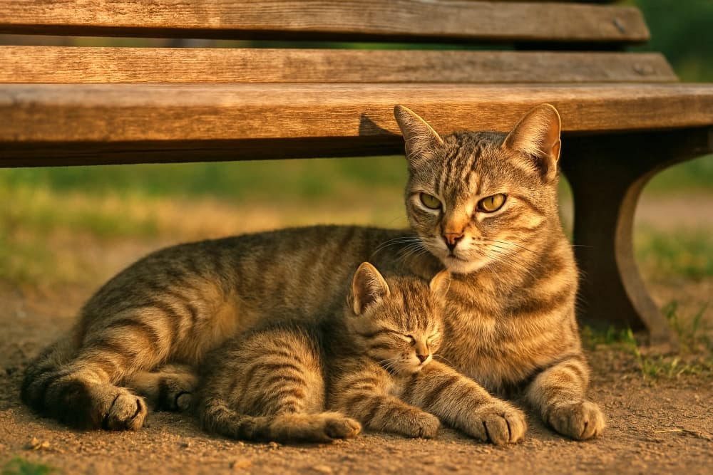 公園のベンチ下で寄り添う母猫と子猫(Copilot)