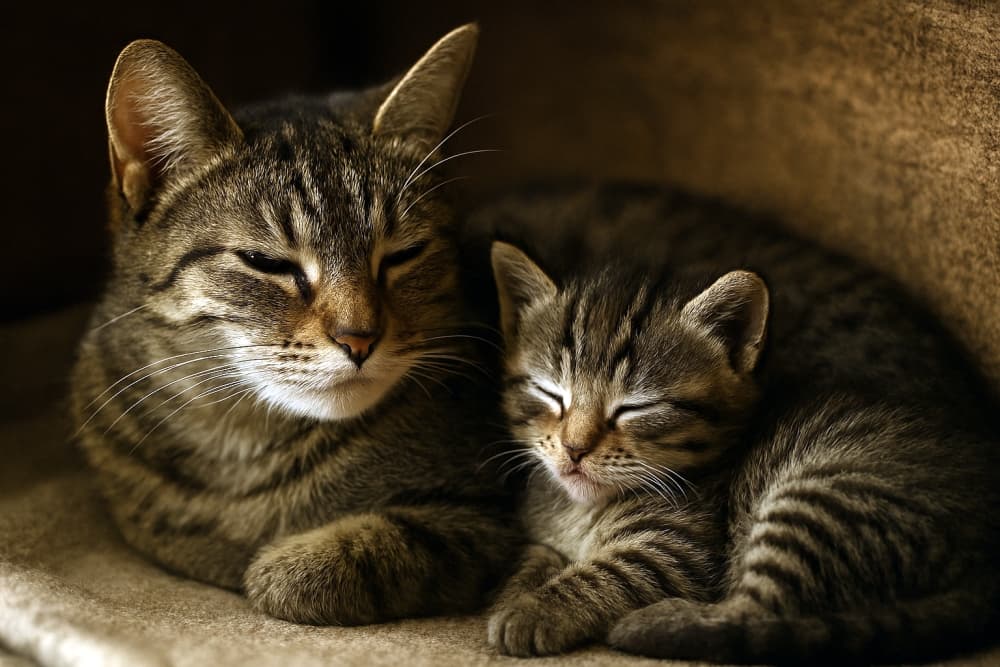 母猫と子猫が寄り添う安らぎの時間（Copilot）