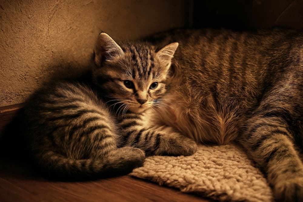 お腹にくっついて甘える子猫（Copilot）