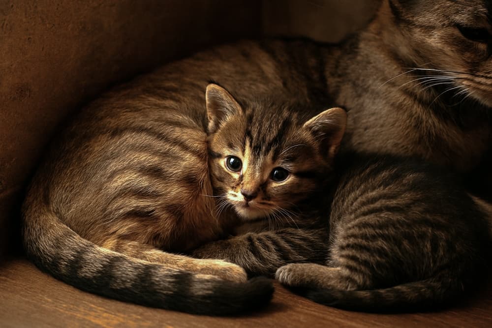 顔をうずめて安心する子猫（Copilot）