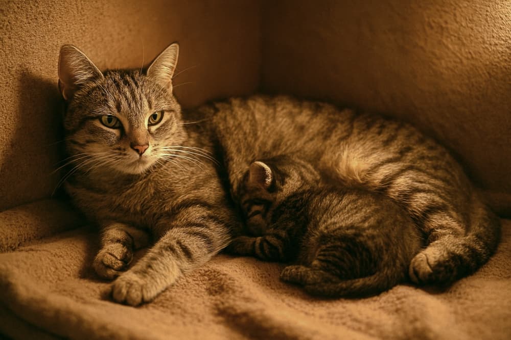 横になる母猫と甘える子猫（Copilot）