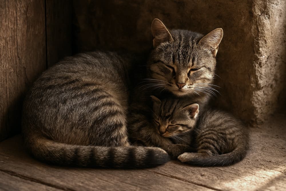 包み込むように寄り添う親子猫（Copilot）