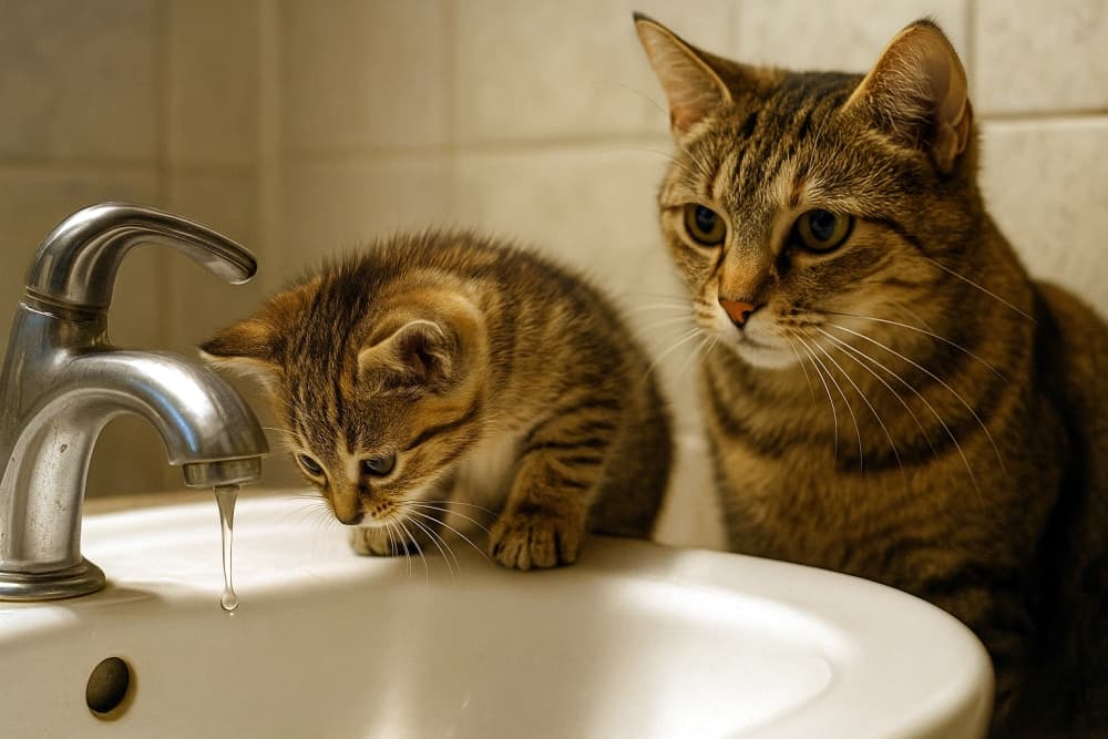 洗面台の上で水をのぞく親子猫