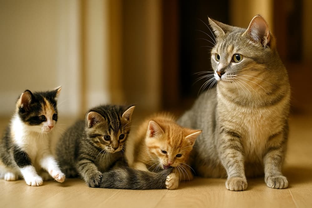 2〜3匹の子猫が、母猫のしっぽをおもちゃにして遊んでいる。しっぽは母猫の体にしっかりつながっていて、後ろから自然に生えている。母猫は落ち着いて座り、優しい目で子猫たちを見ている。柔らかい室内照明。横長構図。リアルで高品質な写真