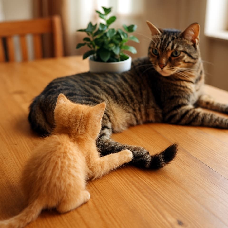 Photorealistic indoor scene. Camera positioned directly behind the kitten, aimed toward the adult tabby cat’s far side　パターン１

