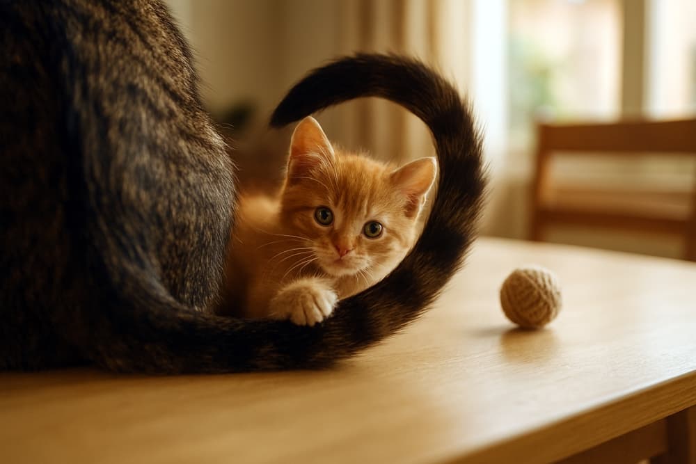 Photorealistic indoor scene. Camera positioned at the adult cat’s tail side
