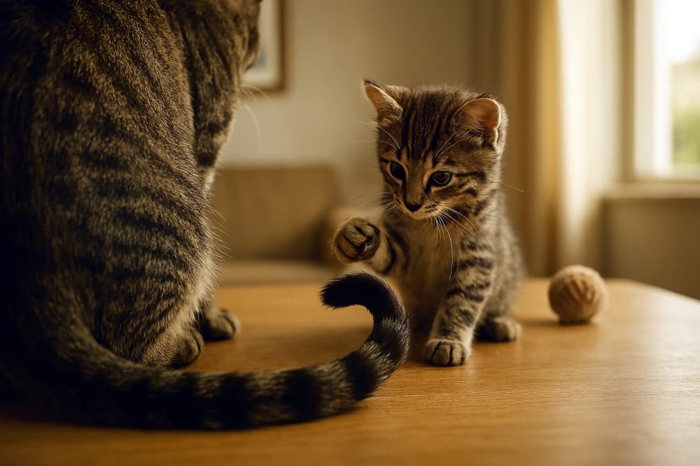 Photorealistic indoor scene. Camera positioned at the adult cat’s tail side