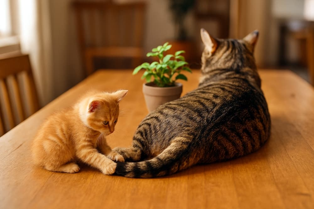 Photorealistic indoor scene. Camera positioned directly behind the kitten, aimed toward the adult tabby cat’s far side　パターン２
