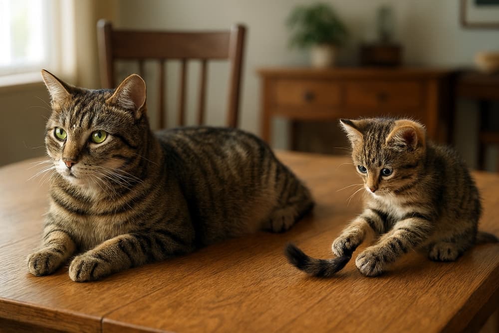 ちぎれた母猫のしっぽに触ってる子猫