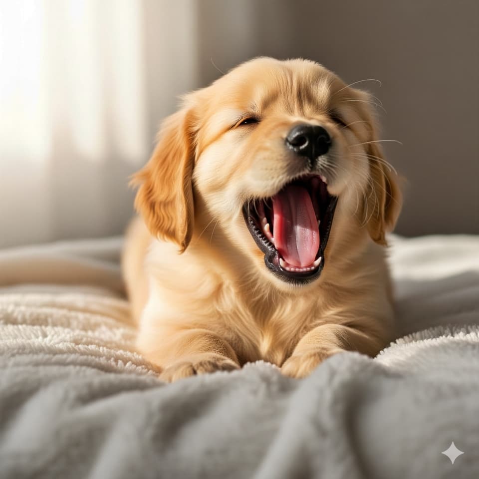 ゴールデンレトリバーの子犬のあくび