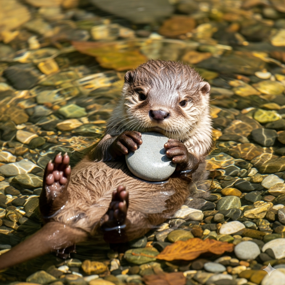 背中で浮かぶカワウソの赤ちゃん