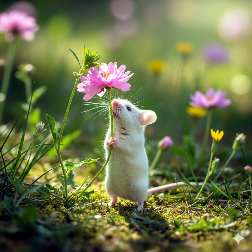 花の香りを嗅ぐネズミの赤ちゃん