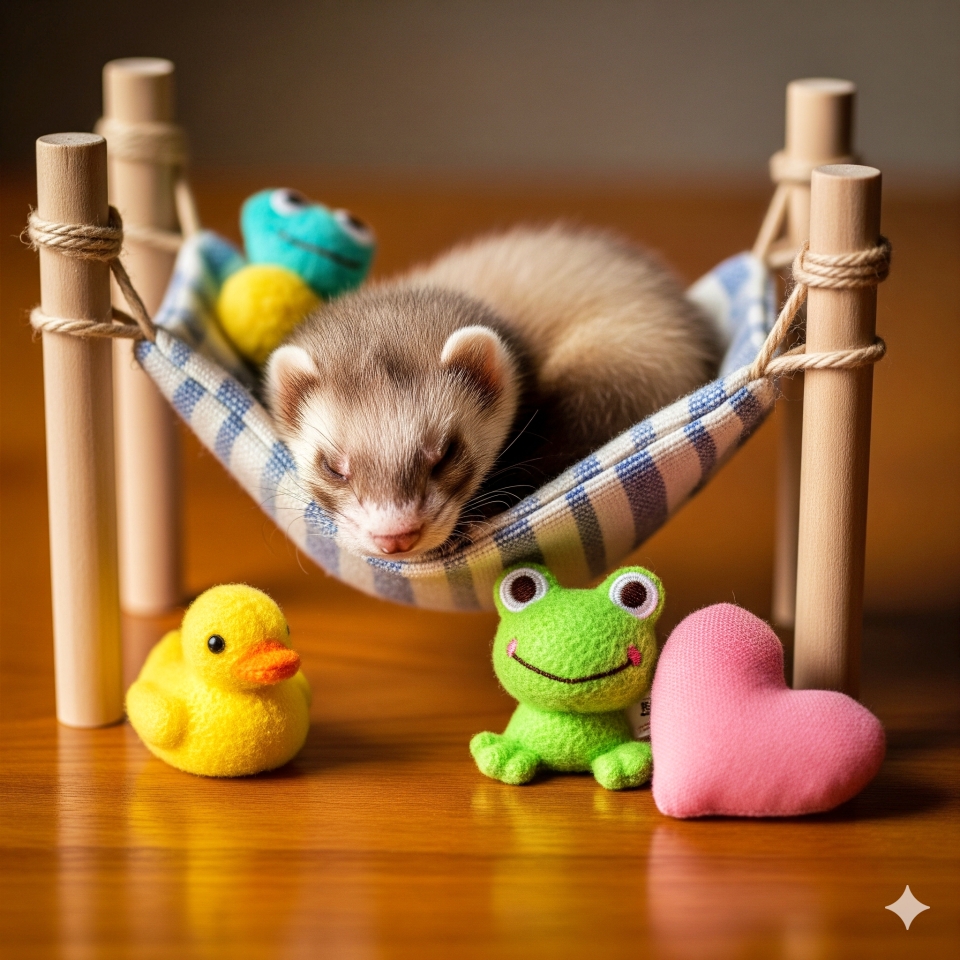 ハンモックでうとうとするフェレットの赤ちゃん