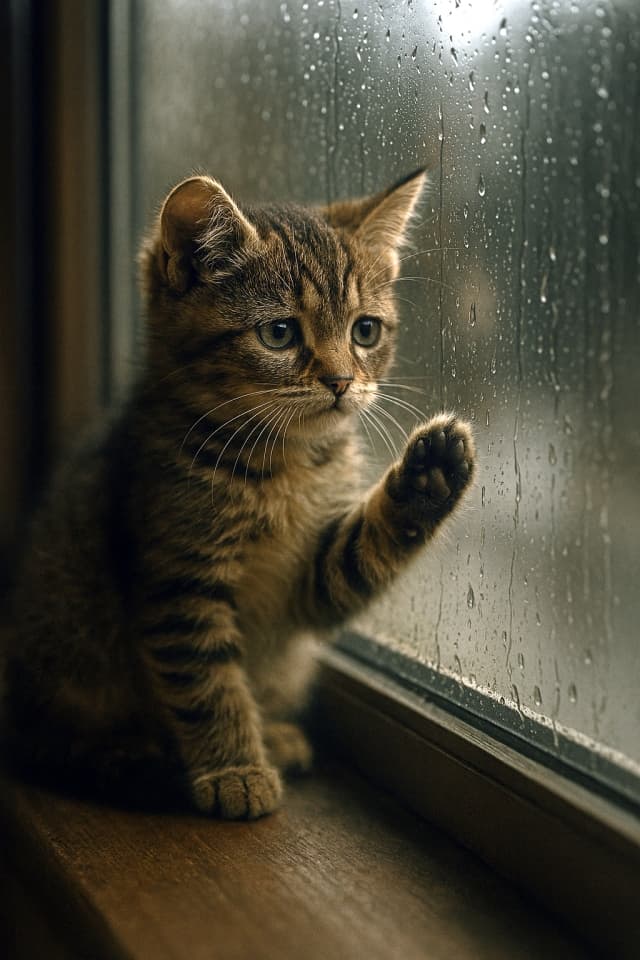 雨の日のお留守番「まだ帰ってこないのかな」（Copilot）