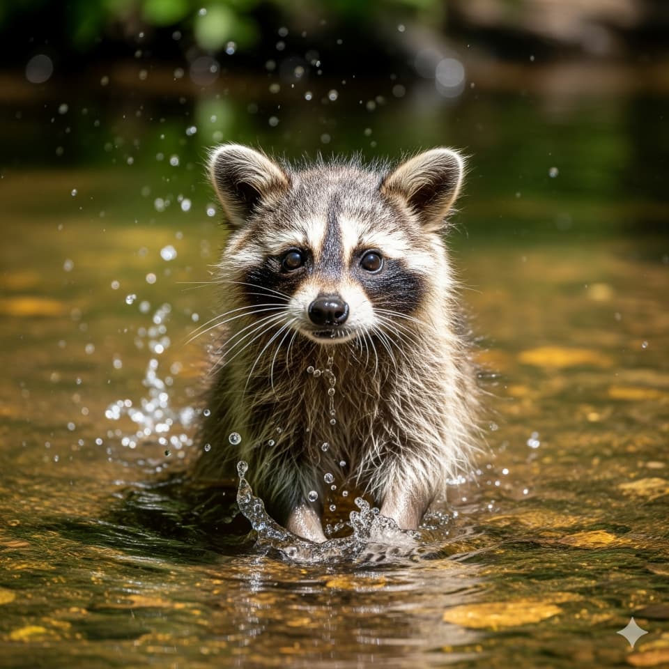 浅い水辺で遊ぶアライグマの子ども