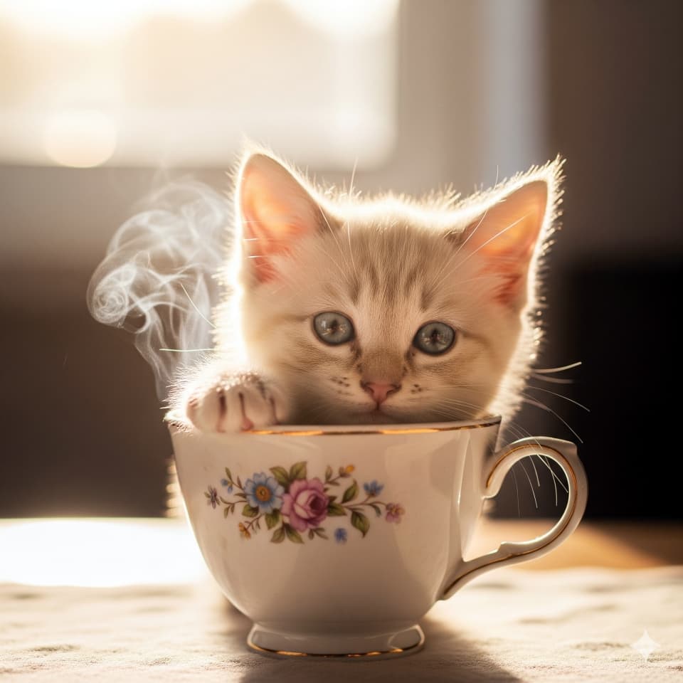 ティーカップからひょっこり子猫