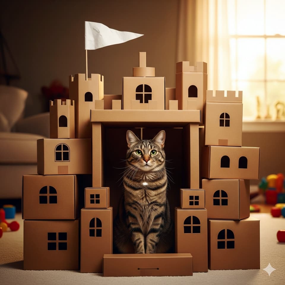 段ボール要塞を守る猫
