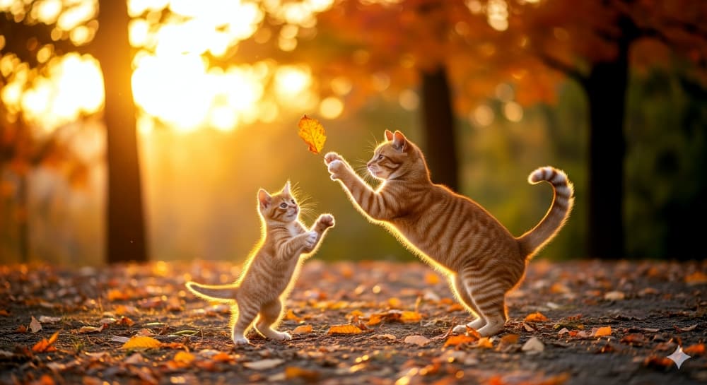 落ち葉で遊ぶ母猫と跳ね回る子猫