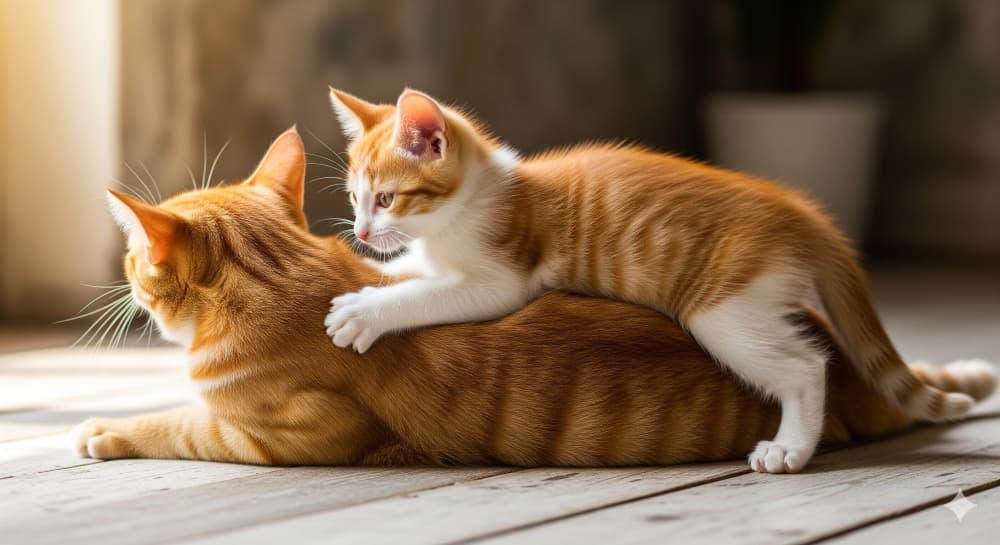 母猫の背中にのぼるやんちゃな子猫