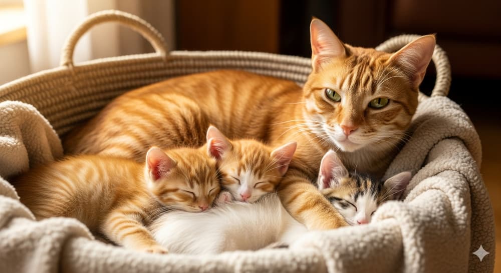 かごの中で眠る子猫たちを見守る母猫