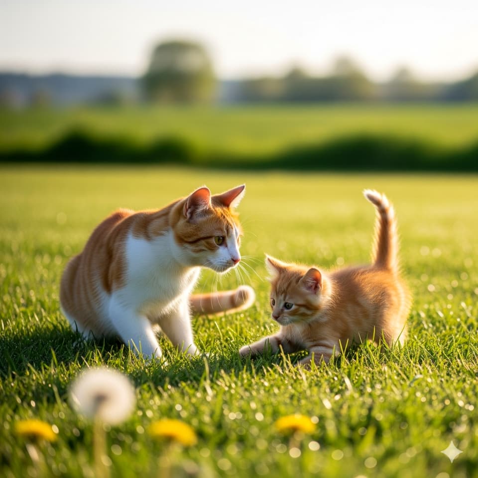 子猫に狩りごっこを教える母猫