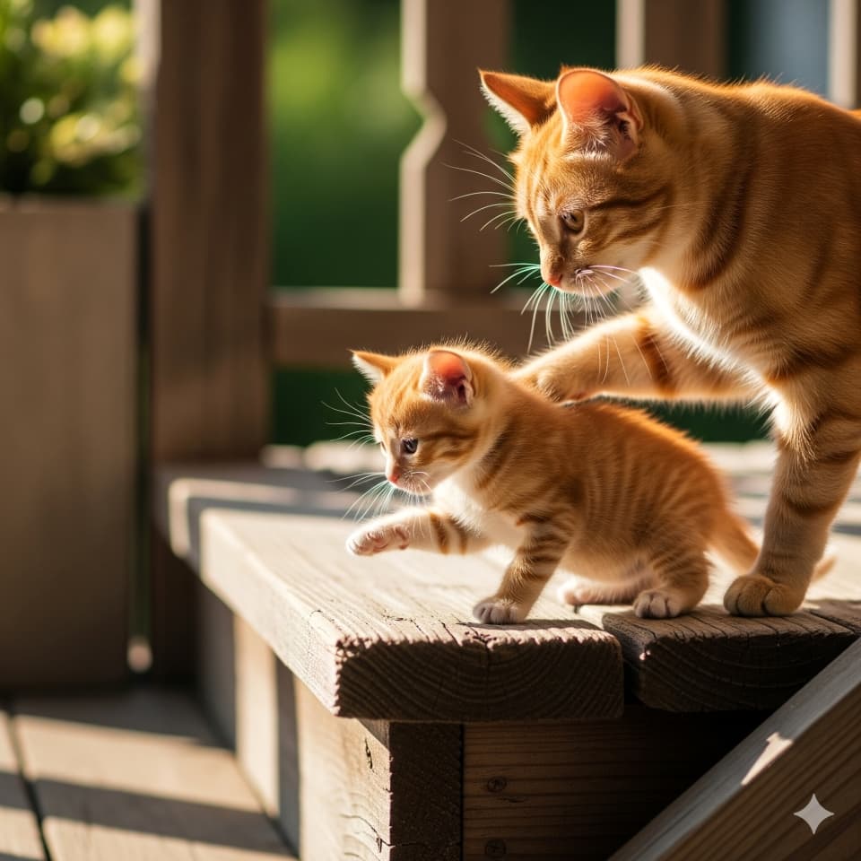 段差をおりるのを見守る母猫と挑戦する子猫