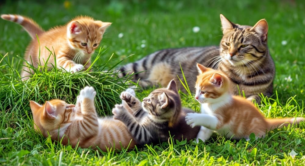 じゃれあう子猫たちを優しく見つめる母猫