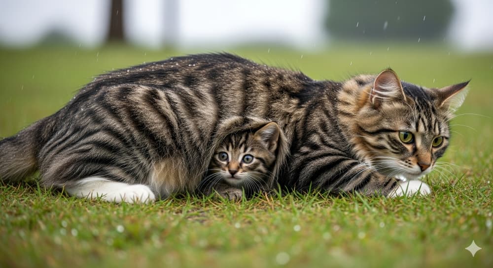 小雨の中、母猫の下に隠れる子猫