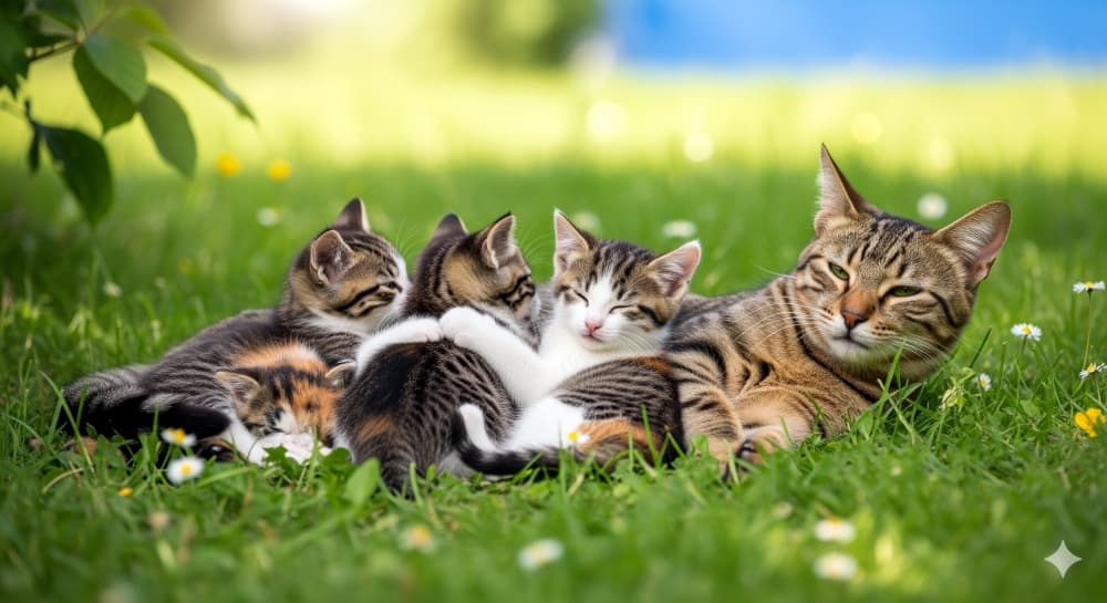 草の上でのんびりくつろぐ親子猫