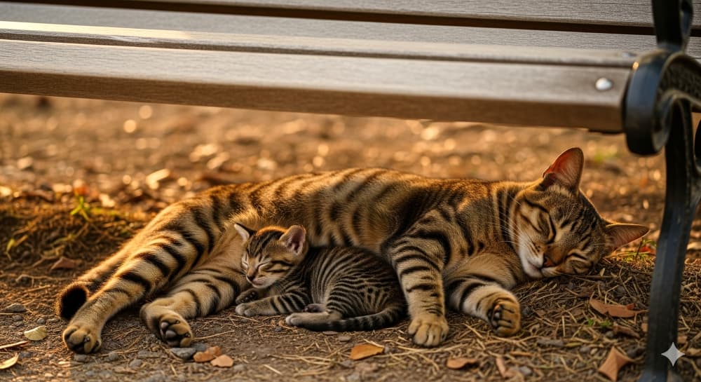公園のベンチ下で寄り添う母猫と子猫