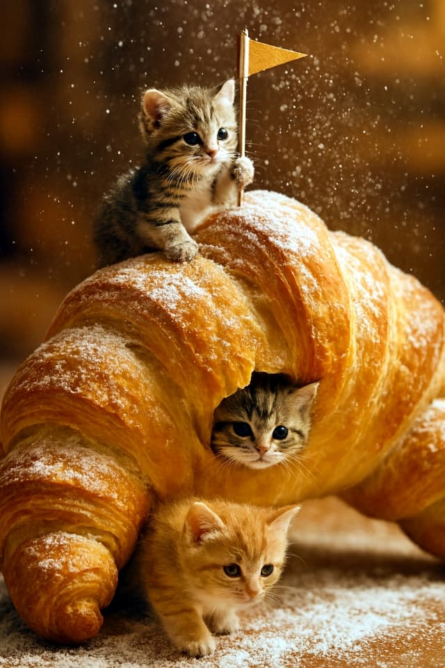 "Conquerors of Croissant Peak — where every flake is a frontier and every pawprint a story."Three tiny kittens explore a giant golden croissant, one peeking from buttery folds, another planting a toothpick flag at the top, with powdered sugar falling like snow in warm bakery light.