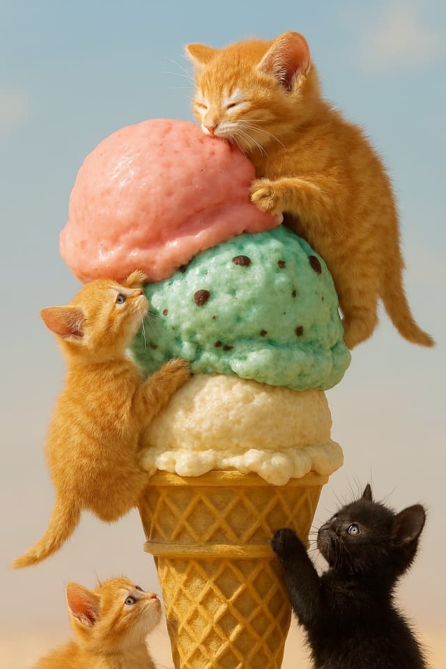 Tiny paws, giant scoops — the sweetest climb of the summer!巨大アイスクリームコーン登頂 Four miniature kittens climbing a towering triple-scoop ice cream cone — strawberry, mint, and vanilla — in natural sunlight, with hyperrealistic fur and pastel background, macro diorama style.