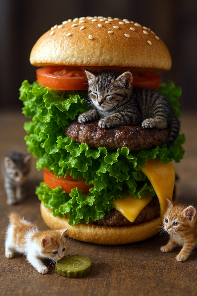 🍔 ハンバーガー探検隊!Hyper-realistic diorama-style miniature photo of four tiny kittens exploring a towering hamburger; one tabby lounges on the juicy beef patty, another orange-and-white kitten rolls a pickle slice, lettuce forms a leafy forest, tomato slices rise like cliffs, and melted cheese drapes like a slide, all in warm, soft-focus lighting.
