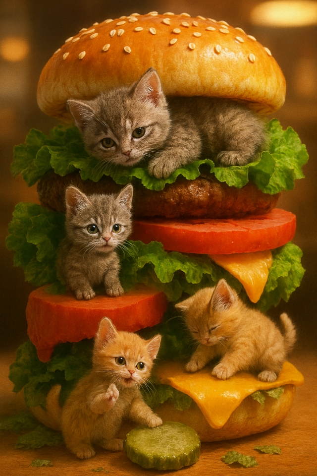 Hyperrealistic vertical diorama of tiny kittens playing inside a giant hamburger. A gray tabby naps on the beef patty under a towering sesame seed bun, another rolls a green pickle slice at the base. Layers form playful landscapes: ruffled lettuce as a forest, glossy tomato as a cliff, melted cheese as a slide. Warm golden diner lighting enhances the cozy, magical feel.