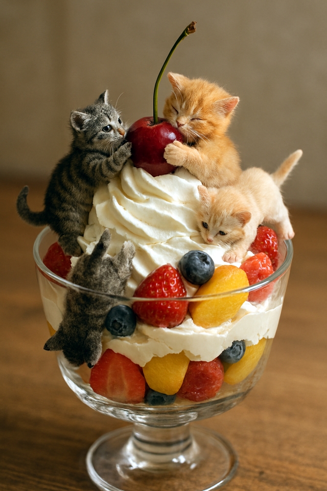 「パフェの中の子猫たち」– Kittens in a Parfait Wonderland Hyper-realistic diorama-style miniature photograph of four tiny kittens playing inside a giant parfait glass filled with layers of strawberries, peaches, blueberries, and topped with whipped cream. One orange tabby hugs a glossy red cherry, a grey tabby climbs the cream, another grey tabby dives headfirst into it, and a cream-colored kitten reaches for a halved strawberry. Soft natural lighting, warm tones, and intricate fur and fruit textures create a whimsical, lifelike scene.