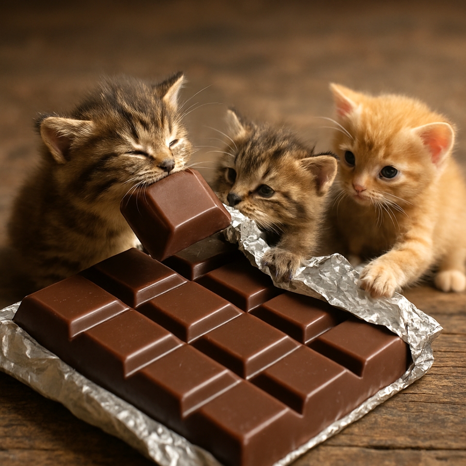 🍫 チョコ泥棒にゃん!Hyper-realistic diorama-style miniature photo of three tiny kittens interacting with a giant, partially unwrapped chocolate bar. One fluffy brown tabby bites into a square larger than its head, another multi-colored kitten tugs at the crinkled silver foil with its claws, and an orange tabby leans forward toward the glossy chocolate. Soft, natural lighting highlights the rich browns of the chocolate and the kittens’ fur, with a shallow depth of field creating a warm, intimate feel.
